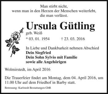 Traueranzeige von Ursula Gütling (geb. Weiß)  von Magdeburger Volksstimme