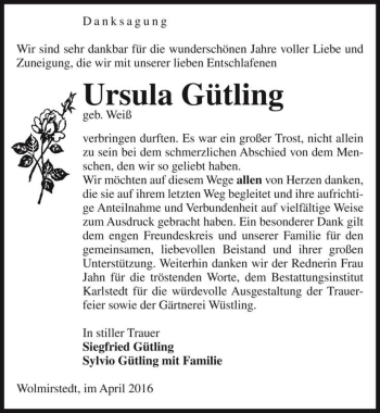 Traueranzeige von Ursula Gütling (geb. Weiß)  von Magdeburger Volksstimme