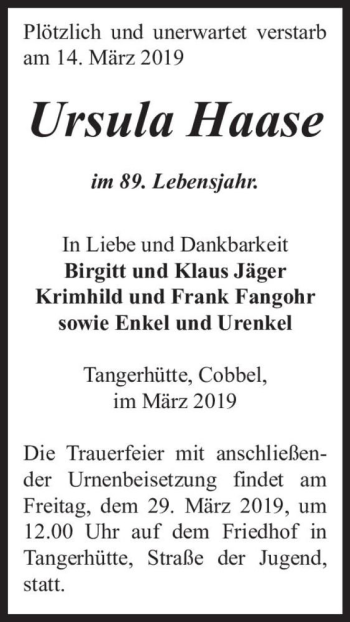 Traueranzeige von Ursula Haase  von Magdeburger Volksstimme