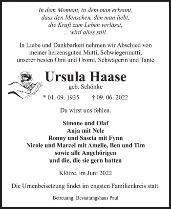 Traueranzeige von Ursula Haase (geb. Schönke)  von Magdeburger Volksstimme