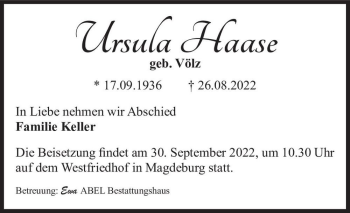 Traueranzeige von Ursula Haase (geb. Völz)  von Magdeburger Volksstimme