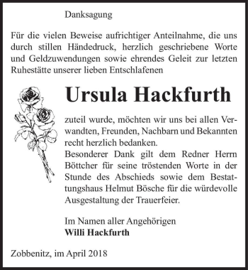 Traueranzeige von Ursula Hackfurth  von Magdeburger Volksstimme