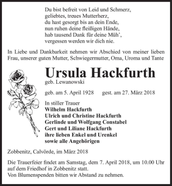 Traueranzeige von Ursula Hackfurth (geb. Lewanowski)  von Magdeburger Volksstimme