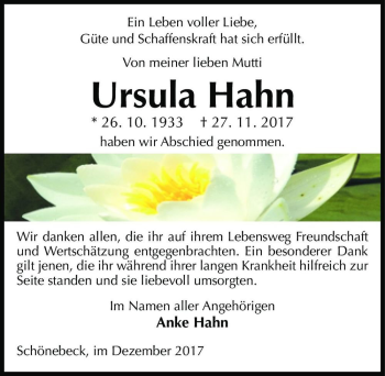 Traueranzeige von Ursula Hahn  von Magdeburger Volksstimme