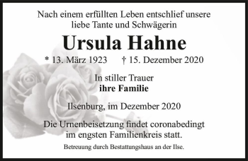 Traueranzeige von Ursula Hahne  von Magdeburger Volksstimme