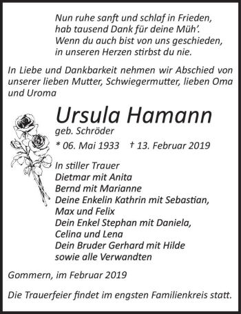 Traueranzeige von Ursula Hamann (geb. Schröder)  von Magdeburger Volksstimme