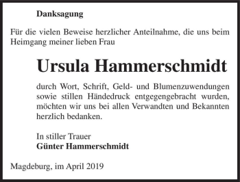 Traueranzeige von Ursula Hammerschmidt  von Magdeburger Volksstimme