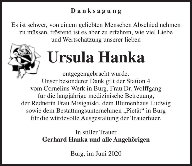  Traueranzeige für Ursula Hanka  vom 20.06.2020 aus Magdeburger Volksstimme