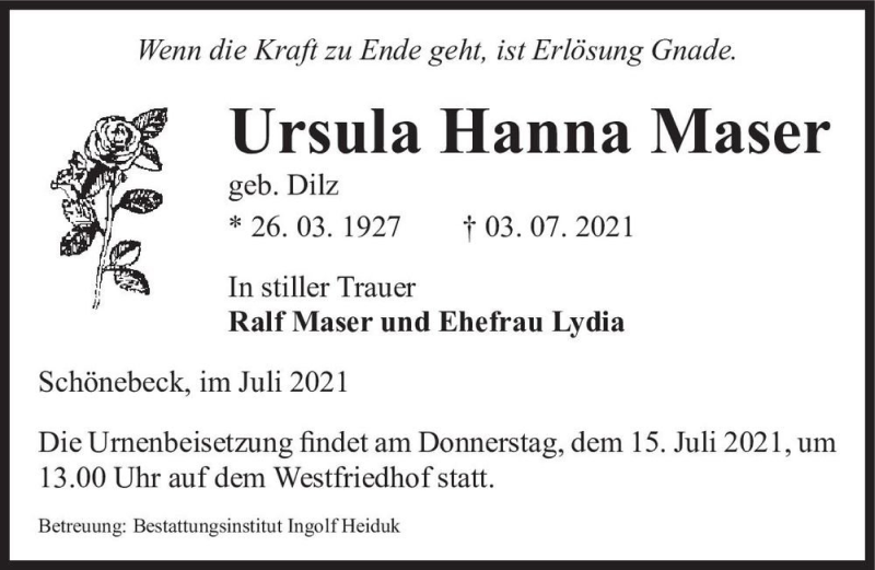 Traueranzeige für Ursula Hanna Maser (geb. Dilz)  vom 10.07.2021 aus Magdeburger Volksstimme