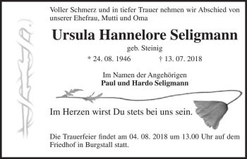 Traueranzeige von Ursula Hannelore Seligmann (geb. Steinig)  von Magdeburger Volksstimme