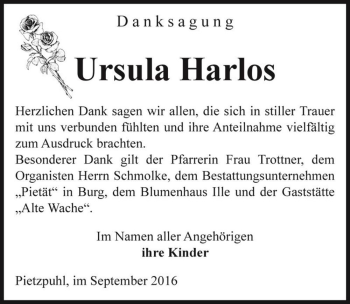 Traueranzeige von Ursula Harlos  von Magdeburger Volksstimme