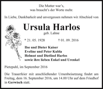 Traueranzeige von Ursula Harlos (geb. Lahne)  von Magdeburger Volksstimme
