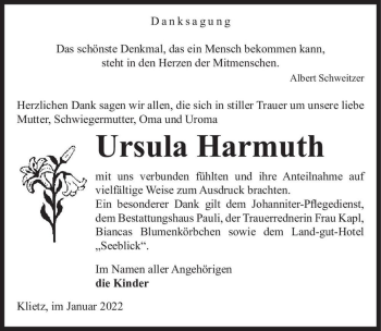 Traueranzeige von Ursula Harmuth  von Magdeburger Volksstimme