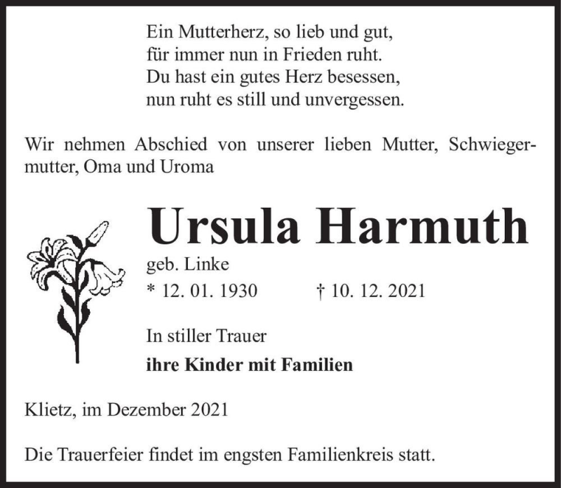  Traueranzeige für Ursula Harmuth (geb. Linke)  vom 16.12.2021 aus Magdeburger Volksstimme