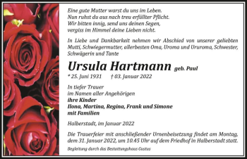 Traueranzeige von Ursula Hartmann (geb. Paul)  von Magdeburger Volksstimme