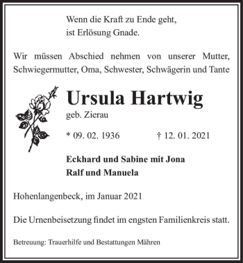 Traueranzeige von Ursula Hartwig (geb. Zierau)  von Magdeburger Volksstimme