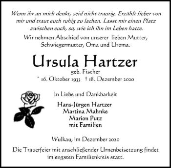 Traueranzeige von Ursula Hartzer (geb. Fischer)  von Magdeburger Volksstimme