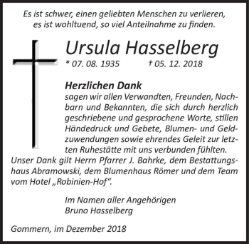 Traueranzeige von Ursula Hasselberg  von Magdeburger Volksstimme