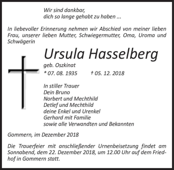 Traueranzeige von Ursula Hasselberg (geb. Oszkinat)  von Magdeburger Volksstimme