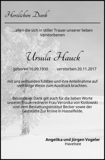 Traueranzeige von Ursula Hauck  von Magdeburger Volksstimme