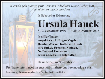 Traueranzeige von Ursula Hauck  von Magdeburger Volksstimme
