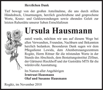 Traueranzeige von Ursula Hausmann  von Magdeburger Volksstimme