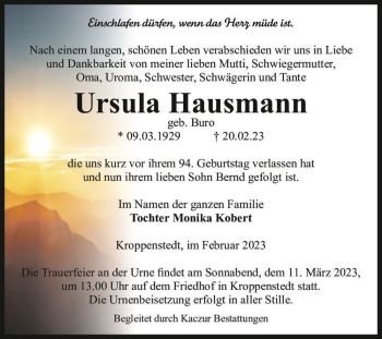 Traueranzeige von Ursula Hausmann (geb. Buro)  von Magdeburger Volksstimme