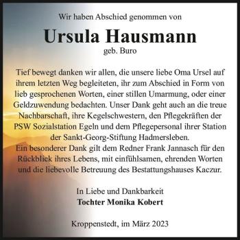 Traueranzeige von Ursula Hausmann (geb. Buro)  von Magdeburger Volksstimme