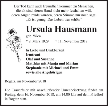 Traueranzeige von Ursula Hausmann (geb. Wien)  von Magdeburger Volksstimme