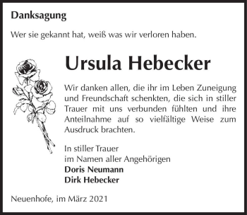 Traueranzeige von Ursula Hebecker  von Magdeburger Volksstimme
