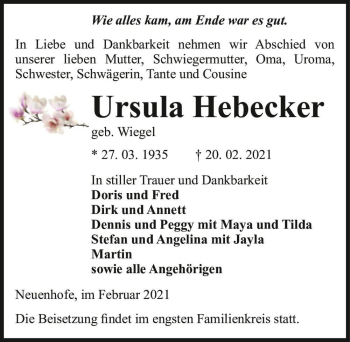Traueranzeige von Ursula Hebecker (geb. Wiegel)  von Magdeburger Volksstimme