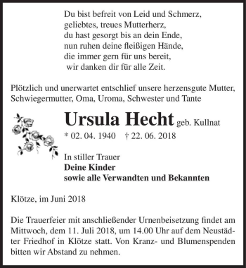 Traueranzeige von Ursula Hecht (geb. Kullnat)  von Magdeburger Volksstimme