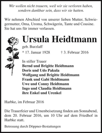 Traueranzeige von Ursula Heidtmann (geb. Burzlaff)  von Magdeburger Volksstimme
