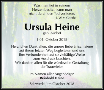 Traueranzeige von Ursula Heine (geb. Audorf)  von Magdeburger Volksstimme