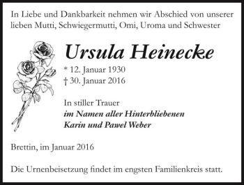 Traueranzeige von Ursula Heinecke  von Magdeburger Volksstimme