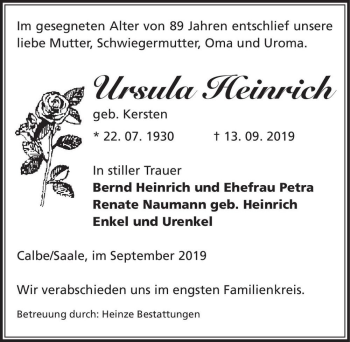 Traueranzeige von Ursula Heinrich (geb. Kersten)  von Magdeburger Volksstimme