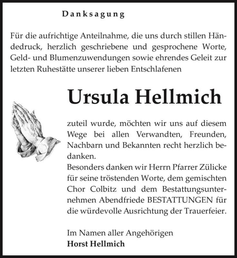  Traueranzeige für Ursula Hellmich  vom 25.02.2017 aus Magdeburger Volksstimme