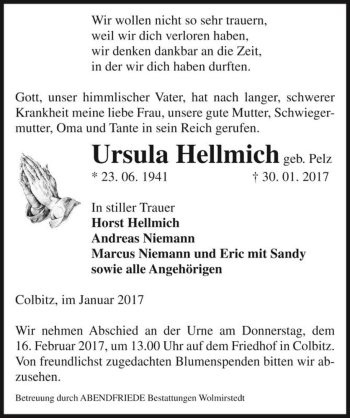 Traueranzeige von Ursula Hellmich (geb. Pelz)  von Magdeburger Volksstimme