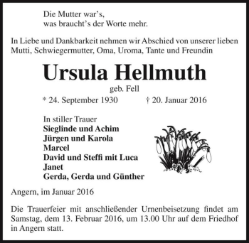 Traueranzeige von Ursula Hellmuth (geb. Fell)  von Magdeburger Volksstimme