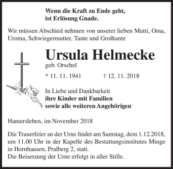 Traueranzeige von Ursula Helmecke (geb. Orschel)  von Magdeburger Volksstimme