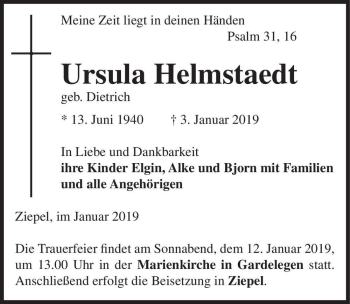 Traueranzeige von Ursula Helmstaedt (geb. Dietrich)  von Magdeburger Volksstimme