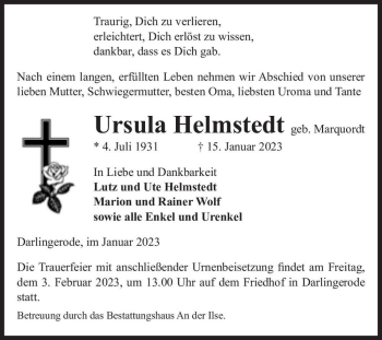 Traueranzeige von Ursula Helmstedt (geb. Marquordt)  von Magdeburger Volksstimme
