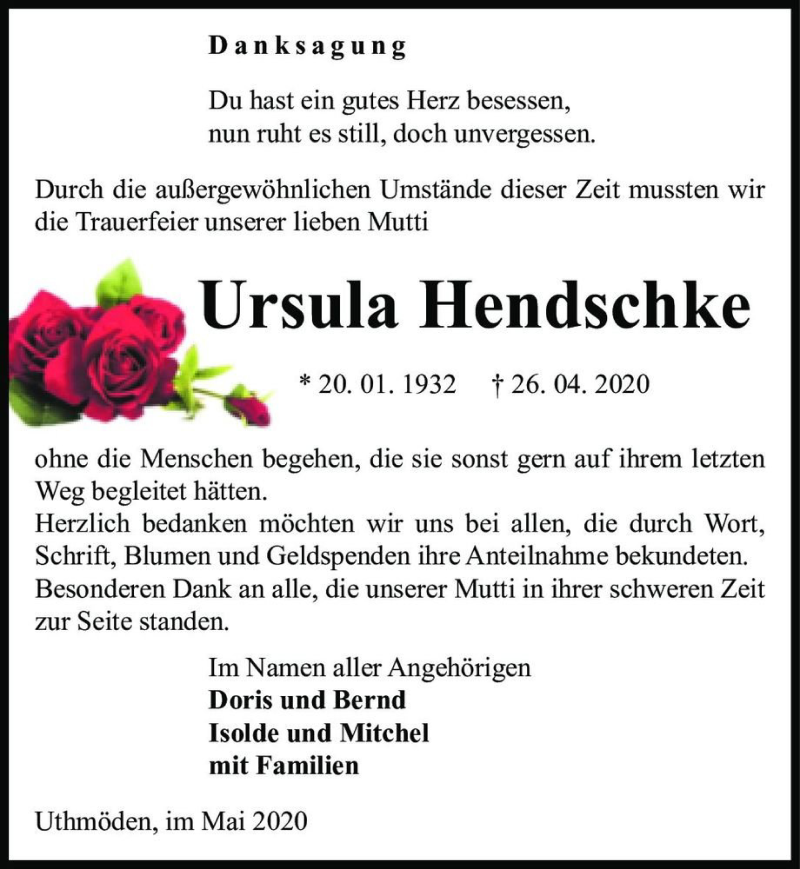  Traueranzeige für Ursula Hendschke  vom 30.05.2020 aus Magdeburger Volksstimme