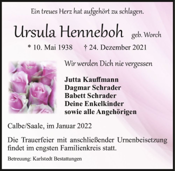 Traueranzeige von Ursula Henneboh (geb. Worch)  von Magdeburger Volksstimme