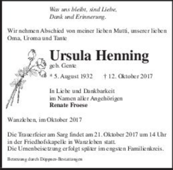 Traueranzeige von Ursula Henning (geb. Gente)  von Magdeburger Volksstimme