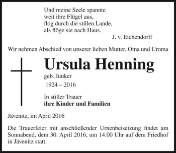 Traueranzeige von Ursula Henning (geb. Junker)  von Magdeburger Volksstimme