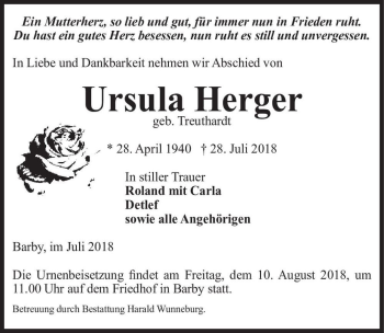 Traueranzeige von Ursula Herger (geb. Treuthardt)  von Magdeburger Volksstimme