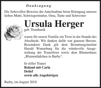 Traueranzeige von Ursula Herger (geb. Treuthardt)  von Magdeburger Volksstimme