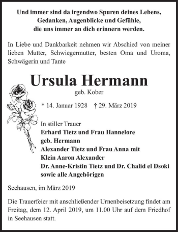 Traueranzeige von Ursula Hermann (geb. Kober)  von Magdeburger Volksstimme