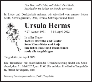 Traueranzeige von Ursula Herms  von Magdeburger Volksstimme